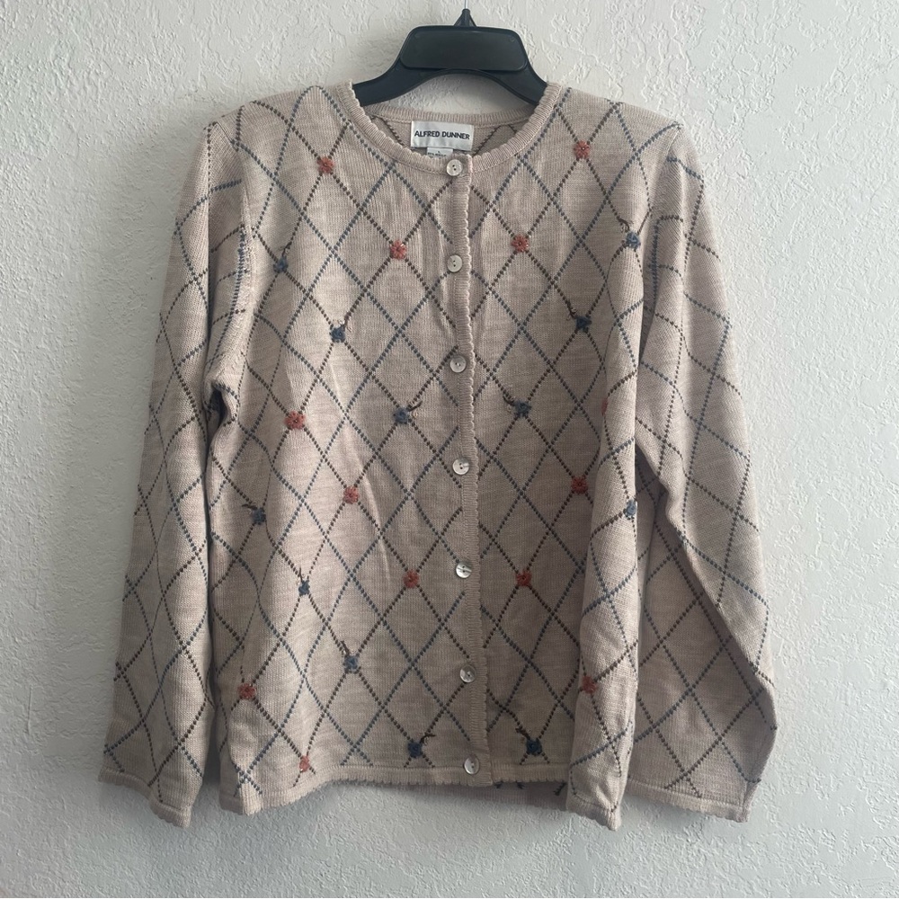 VTG Alfred Dunner Beige Argyle Button Up Cardigan Sweater Women's Size L